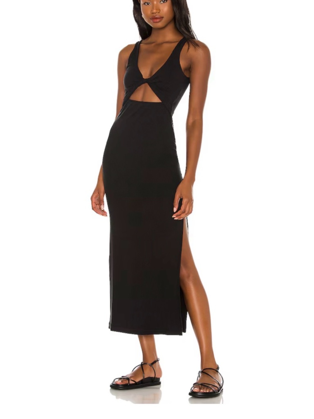 l*space Niko Black Ribbed Midi Dress with Front Cutout Medium NWT
